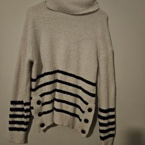 Chic Cream and Black Striped Turtleneck Sweater